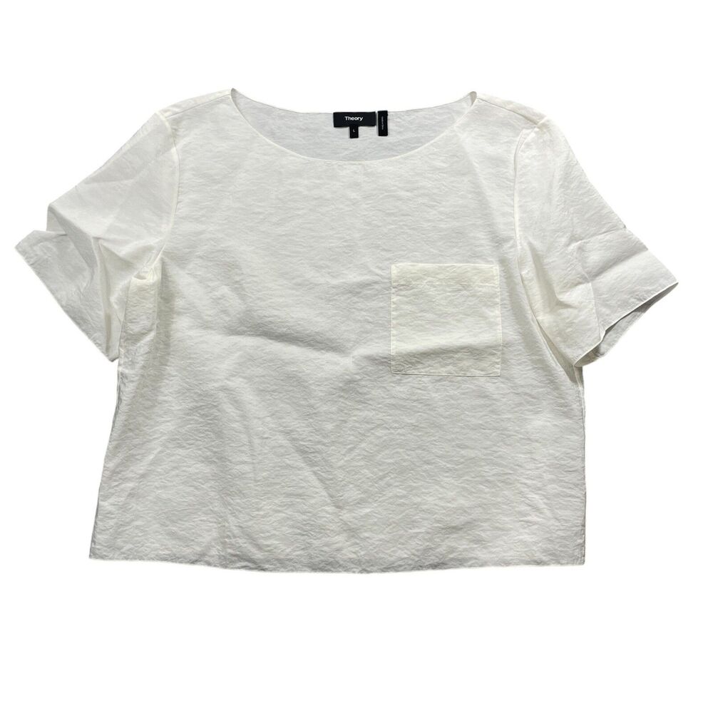 Theory Large Ivory Silk Nylon Short Sleeve‎ Crop Top Pocket